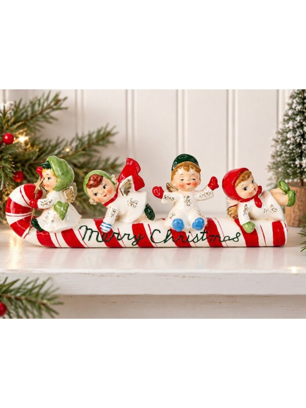 Vintage Lefton 626 Christmas Candy Cane Sled 4 Angels Wand Japan 1950s Rare